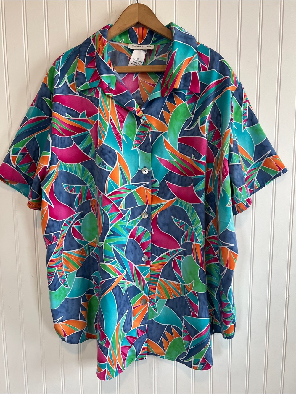 Susan Graver Teal Navy Pink Orange Green Abstract Print Button-Down Shirt
